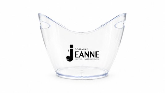 Clear ice bucket with Domaine des Jeanne logo