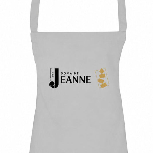 Grey apron with Domaine des Jeanne logo, close-up of the bib