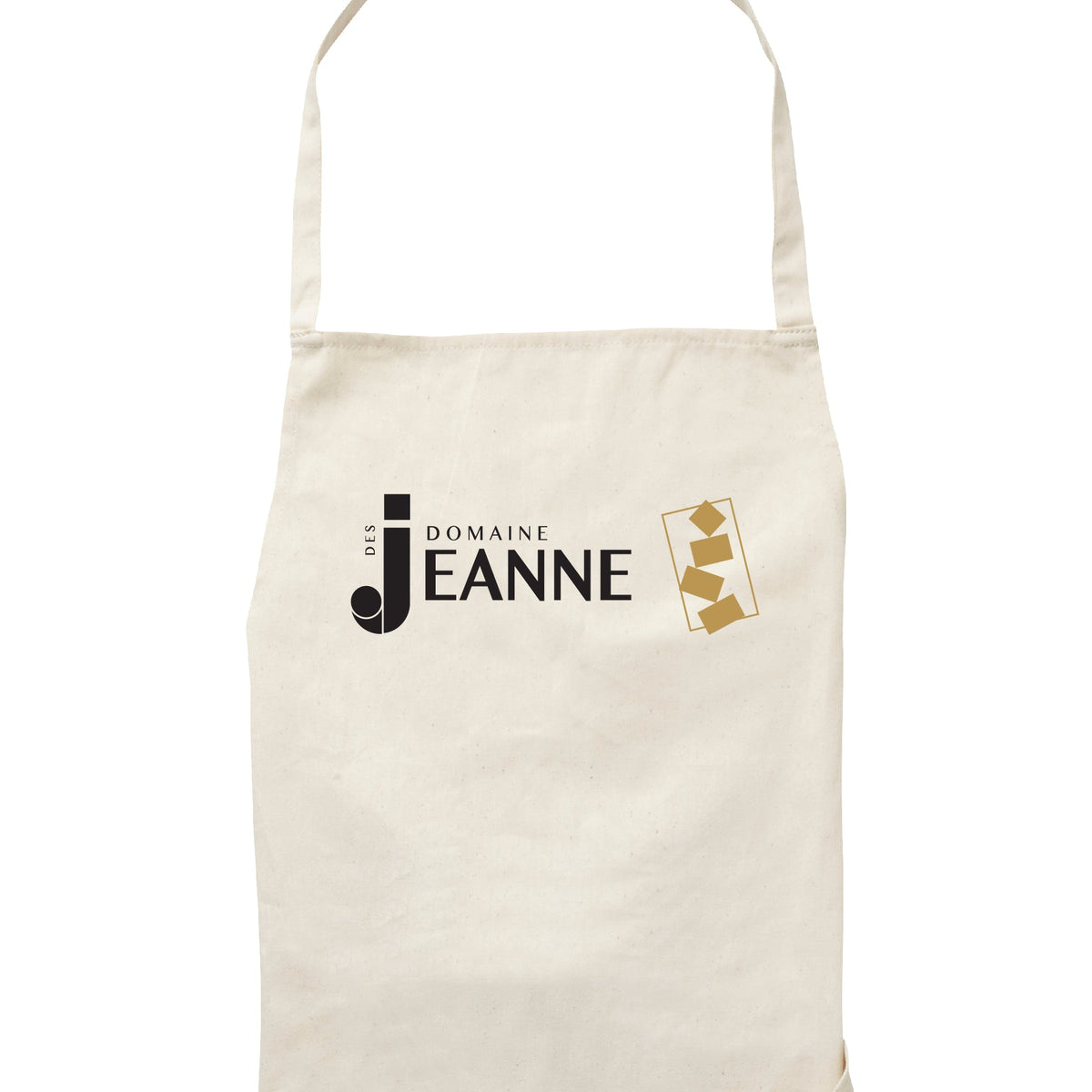 Natural apron with Domaine des Jeanne logo, close-up of the bib