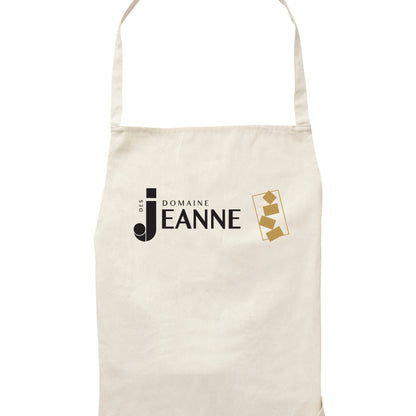 Natural apron with Domaine des Jeanne logo, close-up of the bib