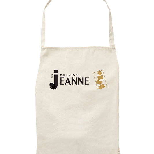 Natural apron with Domaine des Jeanne logo, close-up of the bib