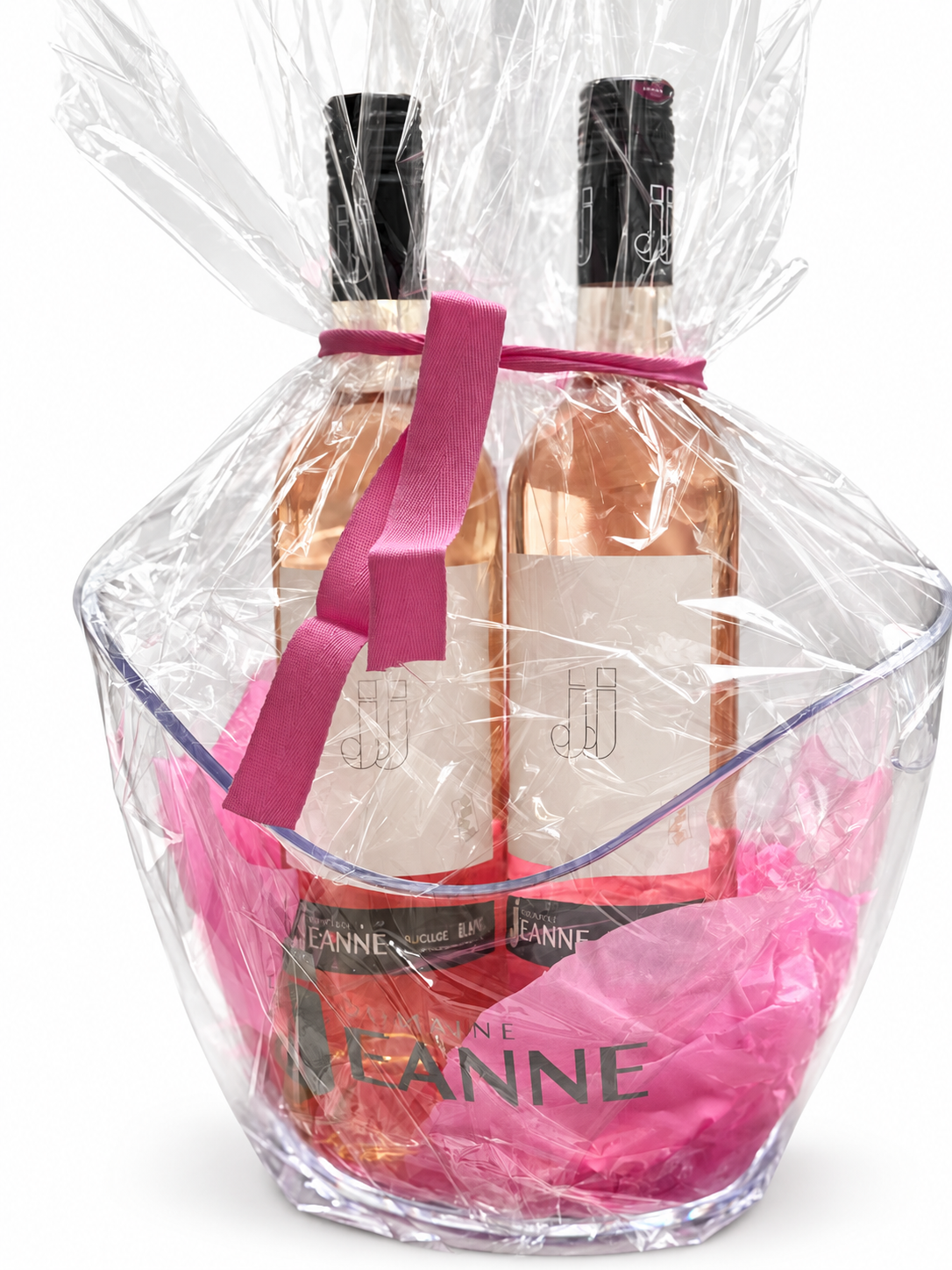 Domaine des Jeanne gift hamper with two bottles of JJ Rosé in a branded ice bucket